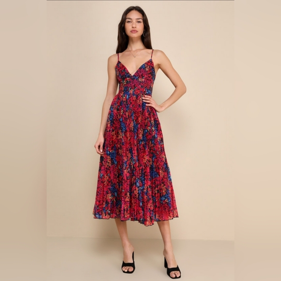 Lulus Dresses & Skirts - Lulu's Red Floral Pleated Midi Dress with Blue Accents